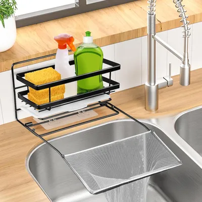 Produktbild von 3-in-1 Spülschwammhalter für die Küche - Lebensmittelabfall Aufbewahrungsregal und Schwammorganizer - rostfreier Spülehalter mit Netzen - schwarzer Schwammhalter Spüle magnetisch