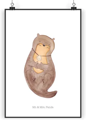 Produktbild von Mr. & Mrs. Panda Bild Otter Muschel DIN A4 - Weiß - Geschenk, Wandbild, Büro, wandkunst, Seeotter, Medaillon, Plakat, drucke, Posterdruck