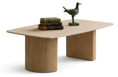 Produktbild von HOOZ Couchtisch Set Keramik Traventin-Optik – kratzfest & hitzebeständig – Wohnzimmertisch 180×90 cm – modernes Säulengestell in Metall