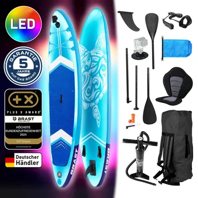 Produktbild von BRAST SUP Board mit LEDs | Aufblasbares Stand up Paddling Set | 320x81x15cm | 4 Designs | LED-Beleuchtung | 200kg Tragkraft | 2in1 Paddel Kajak-Sitz Action-Cam-Halterung Fußschlaufe | Turtle Blau