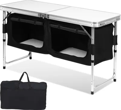 Produktbild von Kempingový stôl 120x47x68cm, kempingová kuchyňa z hliníka, skladacia kempingová skrinka, s 2 úložnými priehradkami, výškovo nastaviteľná vrátane tašky na prenášanie