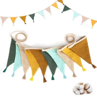 Image de Guirlande de fanions en tissu de mousseline, idéale pour une chambre d'enfant, longueur 2,6 mètres, couleur verte