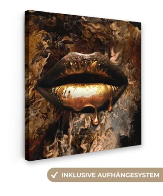 Produktbild von MuchoWow® - Leinwandbilder - Gold - Lippen - Luxus, Wandbild, Wanddeko Bilder Wohnzimmer, 20x20 cm