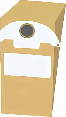 A brown cardboard box with a white label and a circular gray opening on a white background.