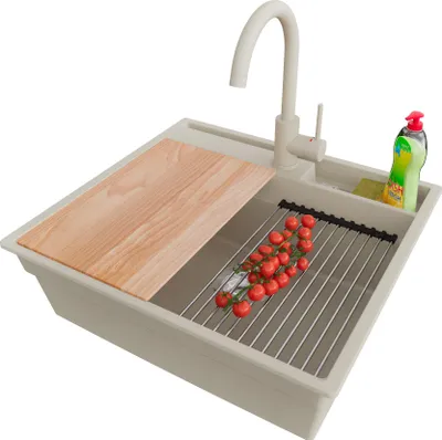 Produktbild von PRIMAGRAN Granitspüle Beige 58x53cm, Spülbecken 1 Becken + Ablauf-Set + Küchenzubehörset, Küchenspüle ab 60er Unterschrank - Oslo Pocket
