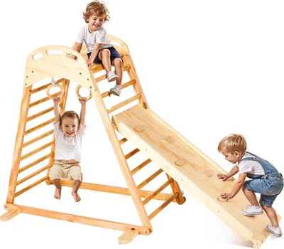Immagine prodotto di VEVOR set di strutture per arrampicata da interno (4 in 1) in legno, 100 kg di carico Set di giochi per arrampicata Montessori con roccia/scivolo/scala in legno/anelli da palestra colore legno