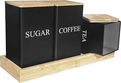 Immagine prodotto di Set di 3 contenitori per zucchero e tè - tè nero - caffè - zucchero - set di contenitori metallici con coperchio ermetico in bambù e vassoio di servizio