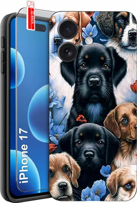Productafbeelding van iPhone 17 hoesje met hondendesign, inclusief beschermend glas (9H)