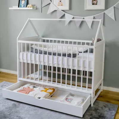 Produktbild von Babybett mit Schublade Gitterbett Kinderbett Hausbett 60x120 cm weiß höhenverstellbar und umbaubar Beistellbett 60 x 120