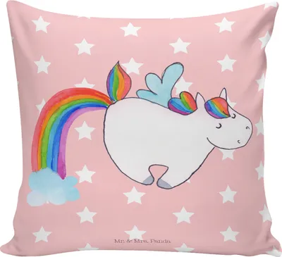 Produktbild von Mr. & Mrs. Panda kissen für sofa Einhorn Fliegendes Pferd - Rot Pastell - Geschenk, Unicorn, Sofakissen 40x40, Realität, Glitzer, Zierkissen, bedruckt, Regenbogen