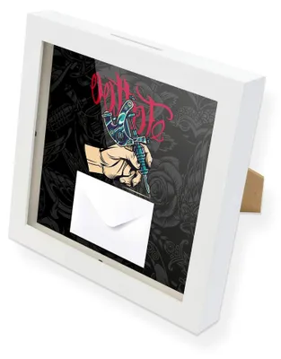 Produktbild von Geldgeschenk Spardose mit Tattoo Gutschein Bilderrahmen zum Befüllen Geschenkverpackung inkl. Einleger und Briefumschlag zum Dekorieren