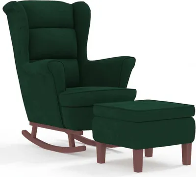 Immagine prodotto di Sedia a dondolo e sgabello con gambe in legno in velluto verde scuro