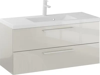 Produktbild von FURNI Waschtischunterschrank RON 100 cm - Kaschmir - Hängender Badschrank mit Mineralguss - Waschbecken - Griffe Weiß matt - Vormontiert