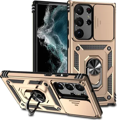 Produktbild von Galaxy S23 Ultra Hülle mit Schiebe Kamera Schutz und Ringhalter Ständer Robust Rüstung Schutzhülle für Samsung Galaxy S23 Ultra Gold