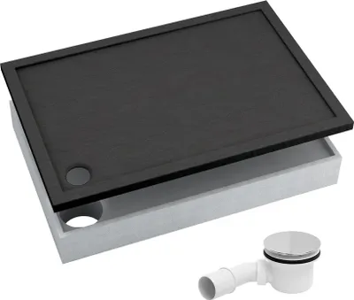 A black shower tray with a grey base and a white drain fitting.