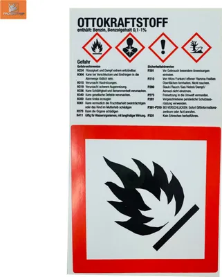 Produktbild von Ottokraftstoff Benzin Warnetikett, Aufkleber Gefahrenhinweise + Symbol Flamme