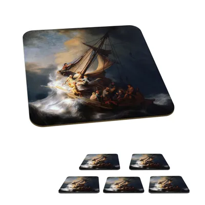 Obrázek produktu pro KitchenYeah® Čtvercové podtácky pod sklenice Sada 6 obrazů Bouře na Galilejském jezeře - Rembrandt van Rijn 10x10 cm Podtácky pod sklenice - podložky pod nápoje - chrániče desky stolu - podložky pod stůl