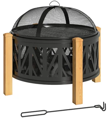 Image de Foyer de jardin 2-en-1 avec grill, diamètre 75 cm | Couleur : Noir, Marron | Dimensions : 75 x 75 x 58 cm
