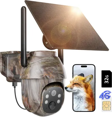 Produktbild von 4G LTE Solar Wildkamera mit Bewegungsmelder Akku Wildtierkamera mit SIM Karte und 32G Karte 2K Überwachungskamera Aussen mit Farbnachtsicht PIR