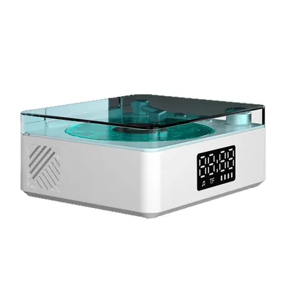 A white and blue Bluetooth turntable with a digital display.
