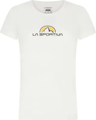 Weißes T-Shirt für Damen mit dem Logo von La Sportiva und Bergmotiv.