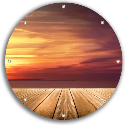 Produktbild von Wallario rundes Outdoor-Poster für Garten oder Balkon, Motiv Steg am See - Sonnenuntergang und roter Himmel, 30 cm Durchmesser