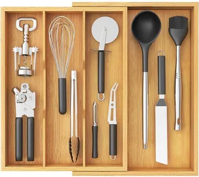 Produktbild von Famanu Bestecklade ausziehbar - Bambus Besteckorganizer mit 3 bis 4 Fächern, verstellbarer Küchenlade-Organizer, natur