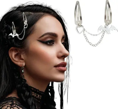 Image de Squelette Halloween Pinces à cheveux Chaîne Gothique Chauve-souris Coeur Pinces à cheveux Mystique, Couleur : Argent