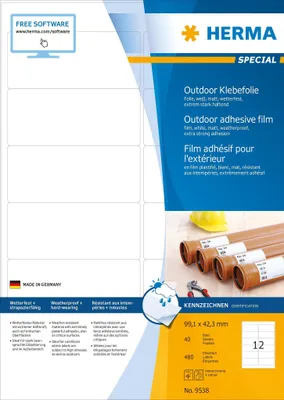 Obrázok produktu pre HERMA 9538, Biela, Obdĺžnik, A4, Univerzálne, Polyetylen, Matte