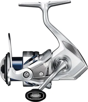 A studio shot of a fishing reel against a white background.