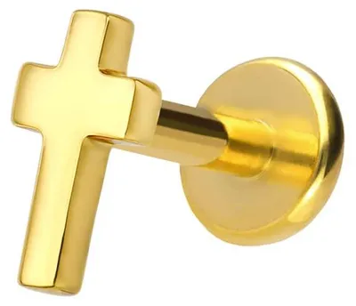 Produktbild von Ohrpiercing, Nasenpiercing Titan Labret mit Innengewinde + 925er Silber Aufsatz KREUZ Gold Stablänge: 6mm | Stabstärke: 1,2mm