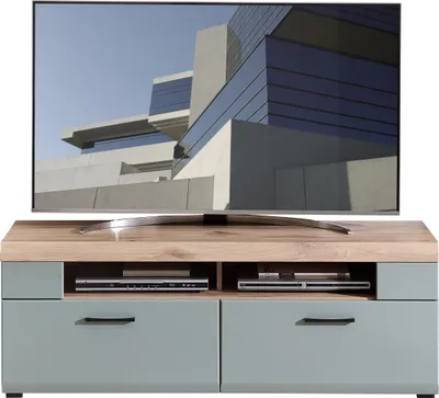 Produktbild von Lowboard >Kathlin< 2 Schübe, schilfgrün / Eiche Nachbildung - 140x51x47 (BxHxT)