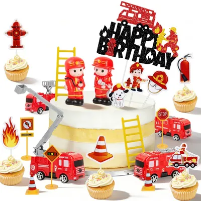 Feuerwehr Torten-Deko-Set, 22-teilig, Happy Birthday Topper