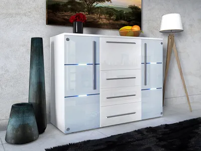 Image de Commode combinée avec éclairage LED ANTRIM – blanc / blanc brillant