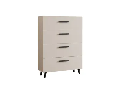 A modern, beige chest of drawers with black handles and legs, presented on a white background.
