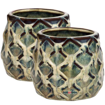 Produktbild von KOTARBAU® 2er Set Keramik-Blumentopf ⌀ 90 mm Übertopf Dunkel mit Ananas-Motiv