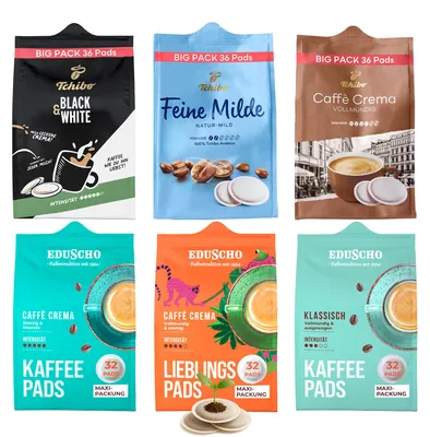 Produktbild von Tchibo Eduscho Kaffeepadmix Probierset Vielfaltspaket, Feine Milde, BLACK&WHITE, Caffè Crema, Lieblingspads & Klassisch, 204 Stück – 3x 36 Pads & 3x 32 Pads, nachhaltig, geeignet für Senseo Maschinen