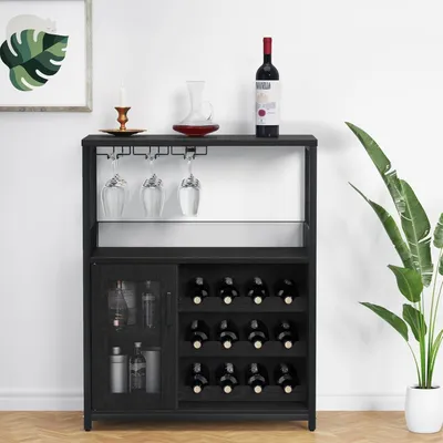 Zdjęcie produktu dla Przemysłowa szafka na wino, wolnostojąca, z drzwiami z siatki – wyjmowana półka na wino i uchwyt na kieliszki – kredens/bufet barowy do salonu/kuchni