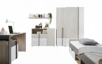 Productafbeelding van Furniture24 - Tienerkamer - Set Remo: Bed 90x200 cm, commode, bureau, rollend opbergrek, wandplank, hoge kast, garderobekast - 7-delig.