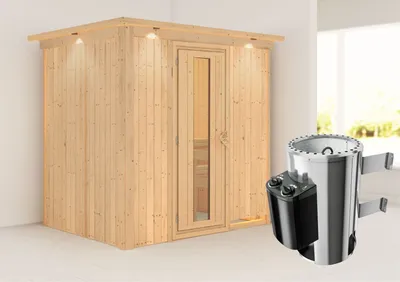 Produktbild von Karibu Sauna Innensauna Fanja Fronteinstieg Ofen 3,6 kW intgr. Strg 210x165x202 cm mit Dachkranz  mit Energiespartür