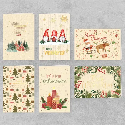Produktbild von GreenLine Weihnachtskarten Set 6 Stück inkl. Umschlag Weihnachtsgrüße Frohe Weihnachten Handmade Recycling Glückwunschkarte aus Zuckerrohrpapier