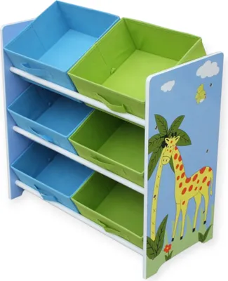 Produktbild von Kinderspielzeug-Organizer Giraffe & Zebra - Holzregal mit Stoffboxen, Kinderzimmer-Aufbewahrung