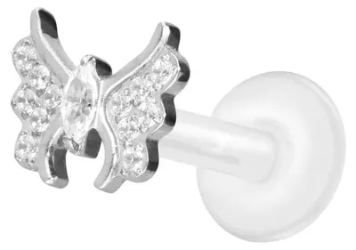 Produktbild von Ohrpiercing, Nasenpiercing PTFE Labret mit Innengewinde + Titan-Aufsatz KRISTALLSCHMETTERLING Silber Stablänge: 8mm | Stabstärke: 1,2mm