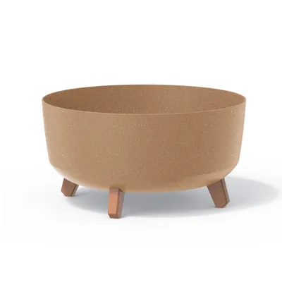 A brown planter with three wooden legs on a white background.