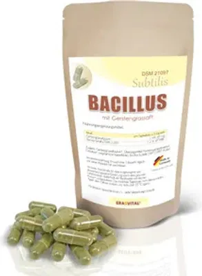 Obrázek produktu pro Bacillus Subtilis DSM 21097 se šťávou z ječné trávy bezlepkový veganský v biologicky odbouratelném stojánkovém sáčku 90 kapslí