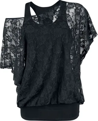 Produktbild von Gothicana by EMP Damen schwarzes T-Shirt im Double-Layer-Look aus Spitze XXL