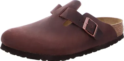 A single brown Birkenstock Boston clog is shown from a side-angle on a white background.
