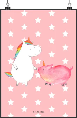 Produktbild von Mr. & Mrs. Panda Bild Einhorn Schwein DIN A2 - Rot Pastell - Geschenk, Freundin, Posterdruck, Unicorn, wanddeko, Einhörner, Wandbild, Freundschaft, Plakat, drucke