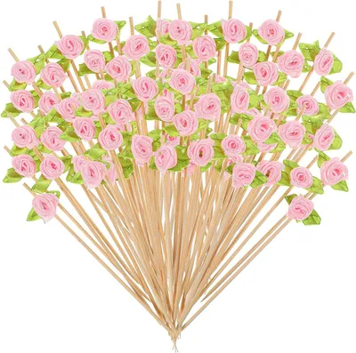 Productafbeelding van Cocktailspiesen Bloem - Houten prikkers - Fingerfood serveren - Rozen decoratie - 100 stuks 12 cm - Roze groen