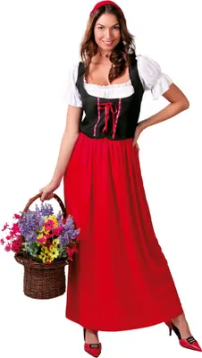 A woman is posing in a costume, holding a basket of flowers.